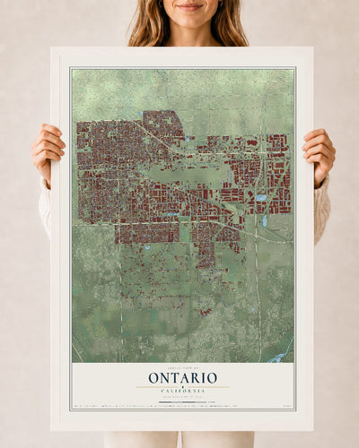 Map of Ontario, California, 24 x 36 inch print in a white wood frame