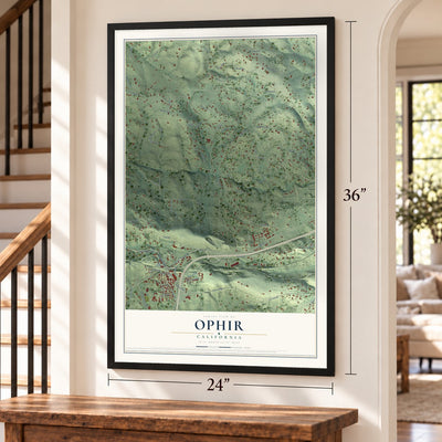 Ophir, California map, 24 x 36 inch print in a black frame by a staircase