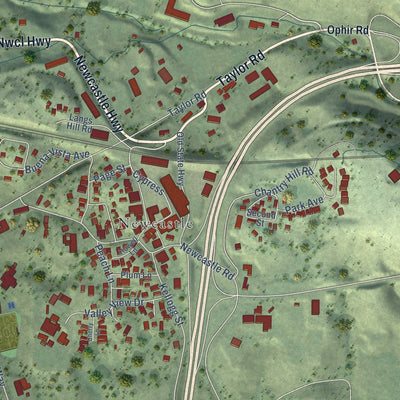 Close-up of the map of Ophir, California print showing street and building detail