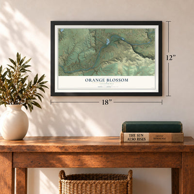 Orange Blossom, California map, 12 x 18 inch print in a black frame in an entryway