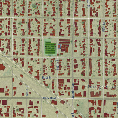 Close-up of the map of Orange Cove, California print showing street and building detail