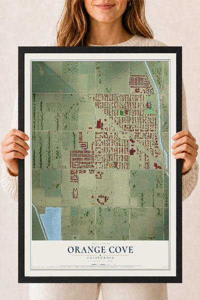 Map of Orange Cove, California, 18 x 24 inch print in a black wood frame