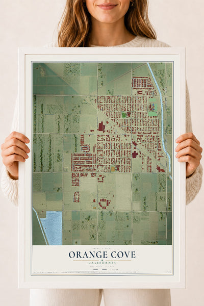 Map of Orange Cove, California, 18 x 24 inch print in a white wood frame