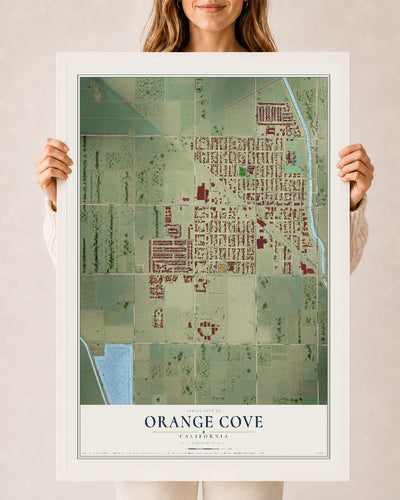 Map of Orange Cove, California, 24 x 36 inch print in a white wood frame
