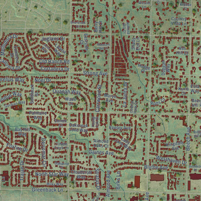 Second close-up of the map of Orangevale, California print showing more streets and buildings
