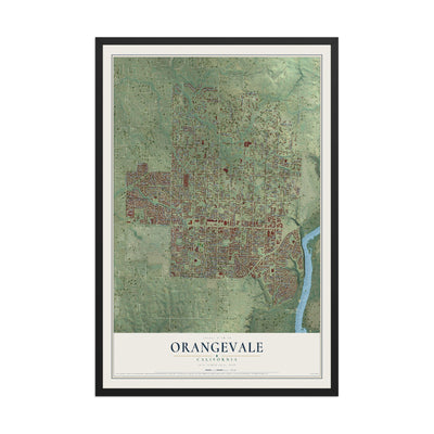 Map of Orangevale, California, 12 x 18 inch print in a black wood frame