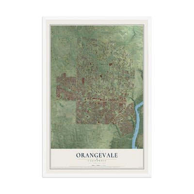 Map of Orangevale, California, 12 x 18 inch print in a white wood frame