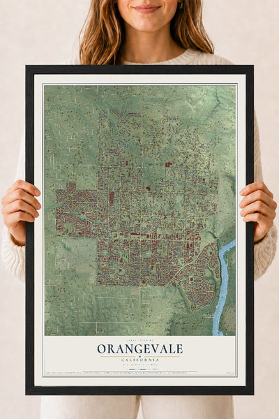 Map of Orangevale, California, 18 x 24 inch print in a black wood frame