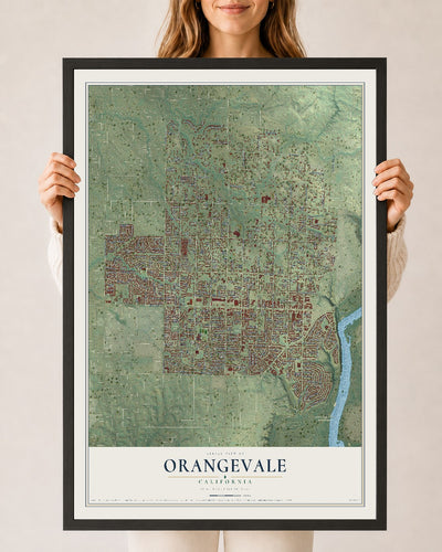 Map of Orangevale, California, 24 x 36 inch print in a black wood frame
