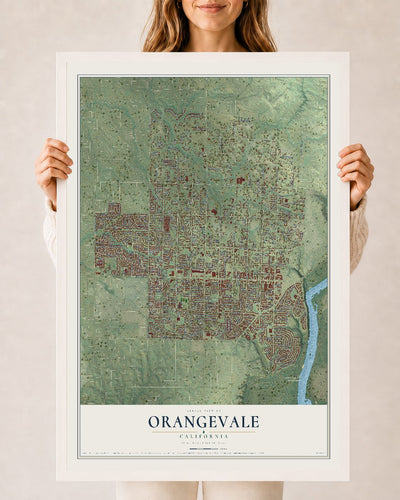Map of Orangevale, California, 24 x 36 inch print in a white wood frame