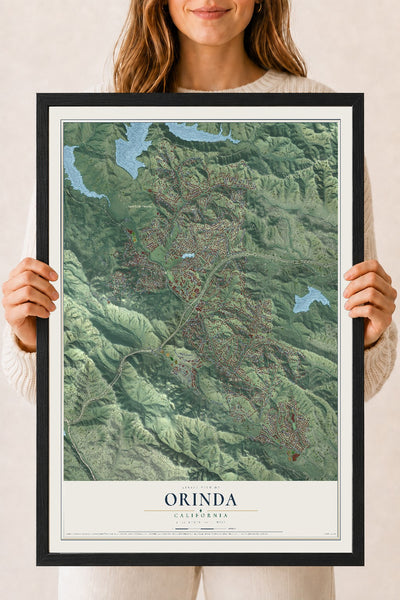 Map of Orinda, California, 18 x 24 inch print in a black wood frame