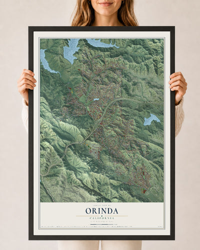 Map of Orinda, California, 24 x 36 inch print in a black wood frame
