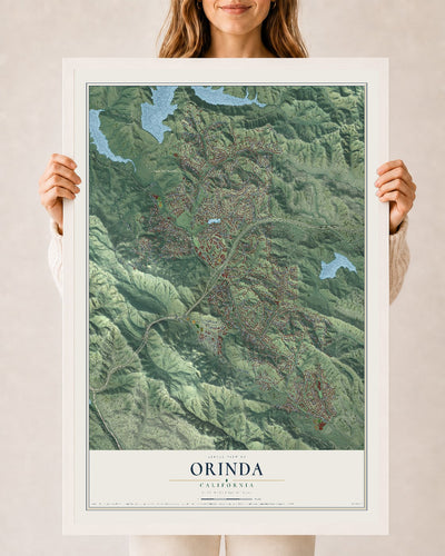 Map of Orinda, California, 24 x 36 inch print in a white wood frame
