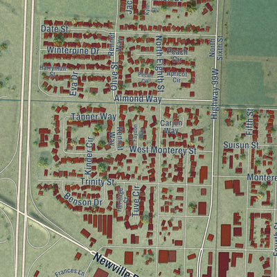 Second close-up of the map of Orland, California print showing more streets and buildings