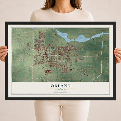 Map of Orland, California, 18 x 24 inch print in a black wood frame