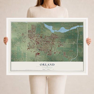 Map of Orland, California, 24 x 36 inch print in a white wood frame