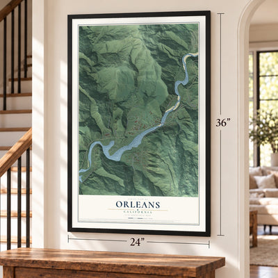 Orleans, California map, 24 x 36 inch print in a black frame by a staircase