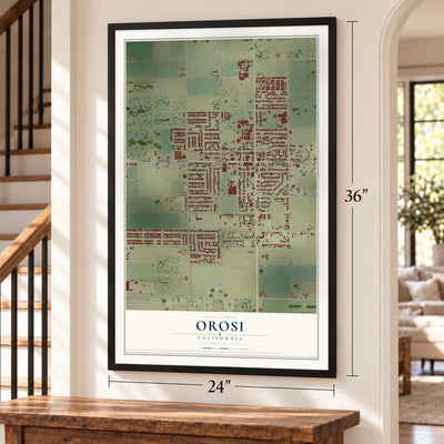Orosi, California map, 24 x 36 inch print in a black frame by a staircase