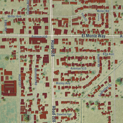 Close-up of the map of Orosi, California print showing street and building detail