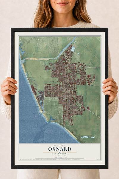 Map of Oxnard, California, 18 x 24 inch print in a black wood frame