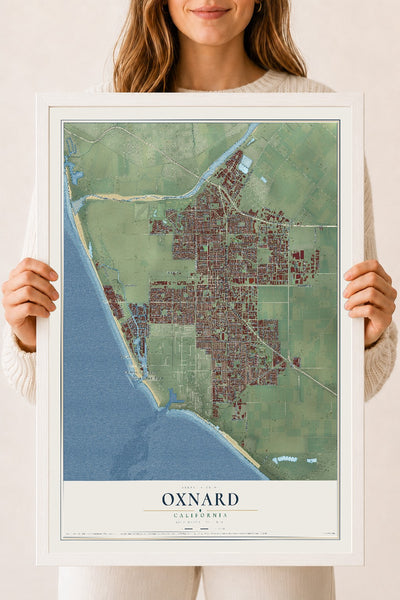 Map of Oxnard, California, 18 x 24 inch print in a white wood frame