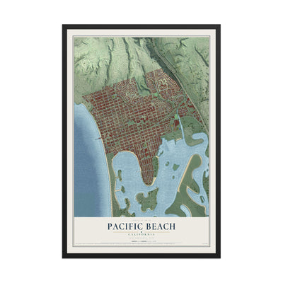 Map of Pacific Beach, California, 12 x 18 inch print in a black wood frame