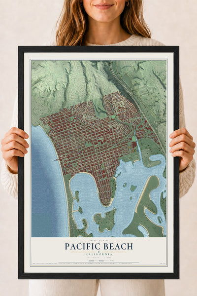 Map of Pacific Beach, California, 18 x 24 inch print in a black wood frame