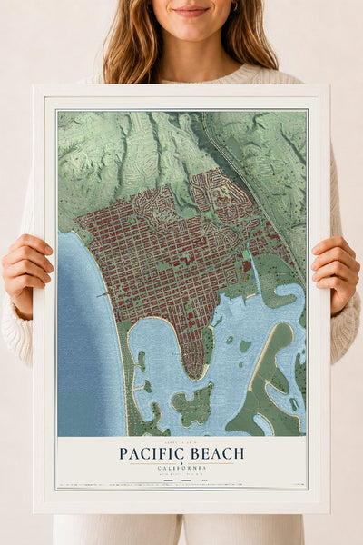 Map of Pacific Beach, California, 18 x 24 inch print in a white wood frame