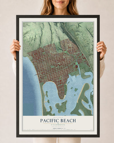 Map of Pacific Beach, California, 24 x 36 inch print in a black wood frame