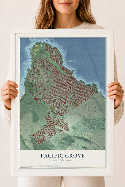 Map of Pacific Grove, California, 18 x 24 inch print in a white wood frame