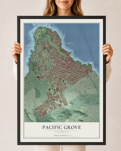 Map of Pacific Grove, California, 24 x 36 inch print in a black wood frame