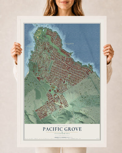 Map of Pacific Grove, California, 24 x 36 inch print in a white wood frame