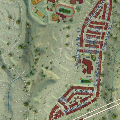 Second close-up of the map of Pacific Highlands Ranch, California print showing more streets and buildings
