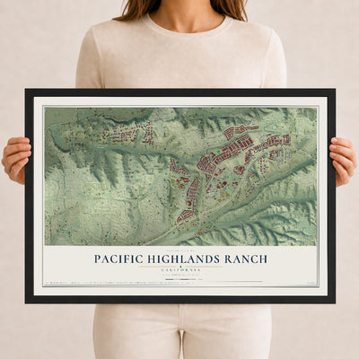 Map of Pacific Highlands Ranch, California, 12 x 18 inch print in a black wood frame