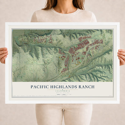 Map of Pacific Highlands Ranch, California, 18 x 24 inch print in a white wood frame