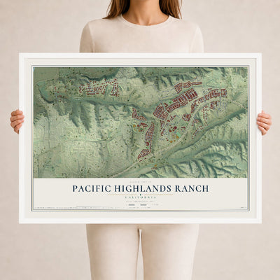 Map of Pacific Highlands Ranch, California, 24 x 36 inch print in a white wood frame
