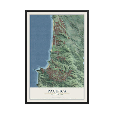 Map of Pacifica, California, 12 x 18 inch print in a black wood frame