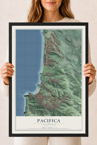 Map of Pacifica, California, 18 x 24 inch print in a black wood frame