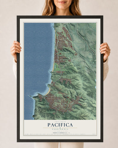 Map of Pacifica, California, 24 x 36 inch print in a black wood frame