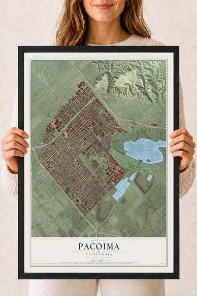 Map of Pacoima, California, 18 x 24 inch print in a black wood frame