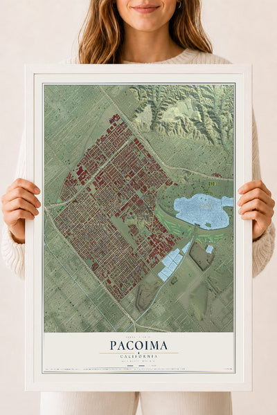 Map of Pacoima, California, 18 x 24 inch print in a white wood frame