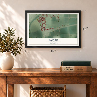 Pajaro, California map, 12 x 18 inch print in a black frame in an entryway