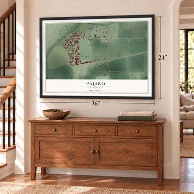 Pajaro, California map, 24 x 36 inch print in a black frame above a dresser by a staircase