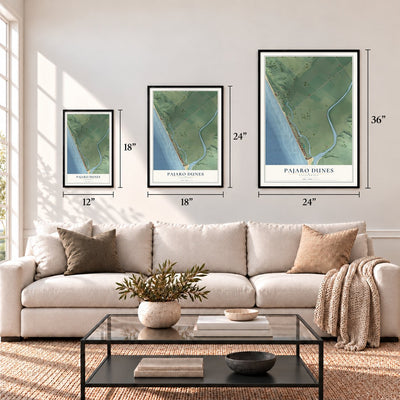 Pajaro Dunes, California map in 12 x 18, 18 x 24 and 24 x 36 inch sizes above a sofa