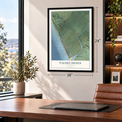 Pajaro Dunes, California map, 18 x 24 inch print in a black frame in a home office