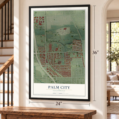 Palm City, California map, 24 x 36 inch print in a black frame by a staircase