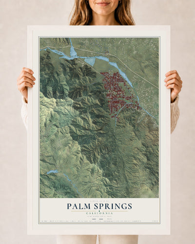 Map of Palm Springs, California, 24 x 36 inch print in a white wood frame