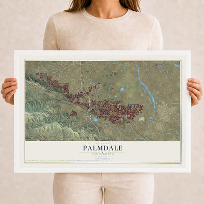 Map of Palmdale, California, 12 x 18 inch print in a white wood frame