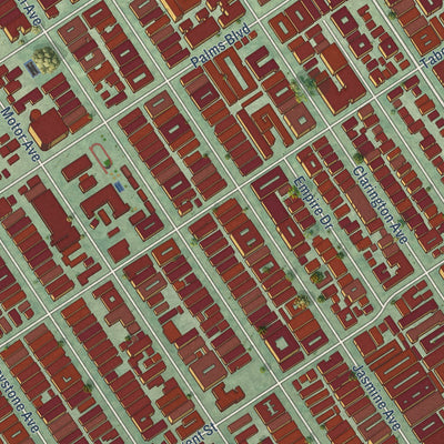 Close-up of the map of Palms, California print showing street and building detail