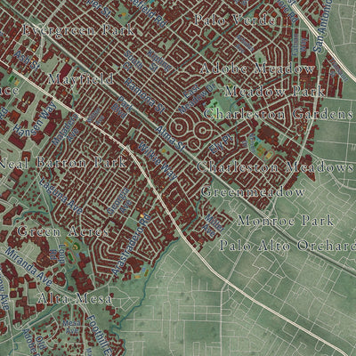 Close-up of the map of Palo Alto, California print showing street and building detail